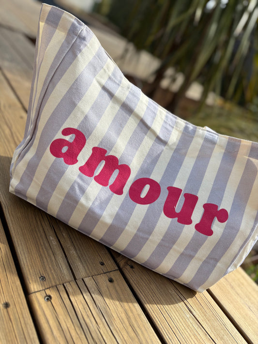 Grand cabas Amour en toile rayé Lilas & écru