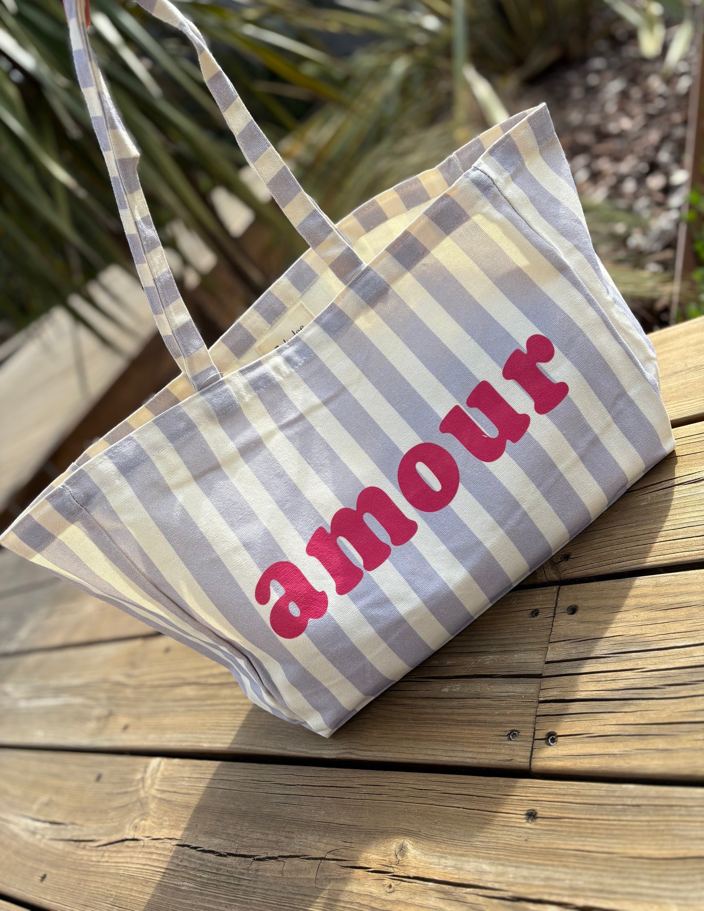 Grand cabas Amour en toile rayé Lilas & écru