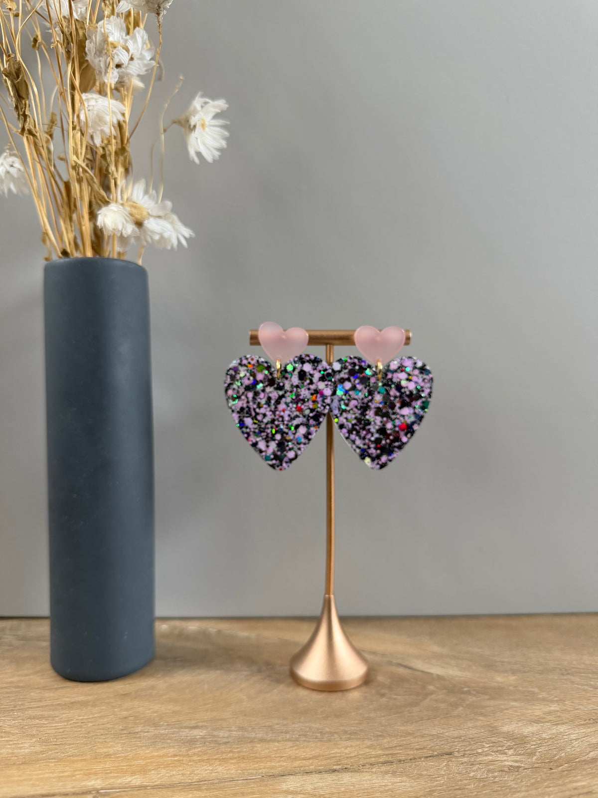 Boucles d'oreilles Cœur XL - Noir & rose