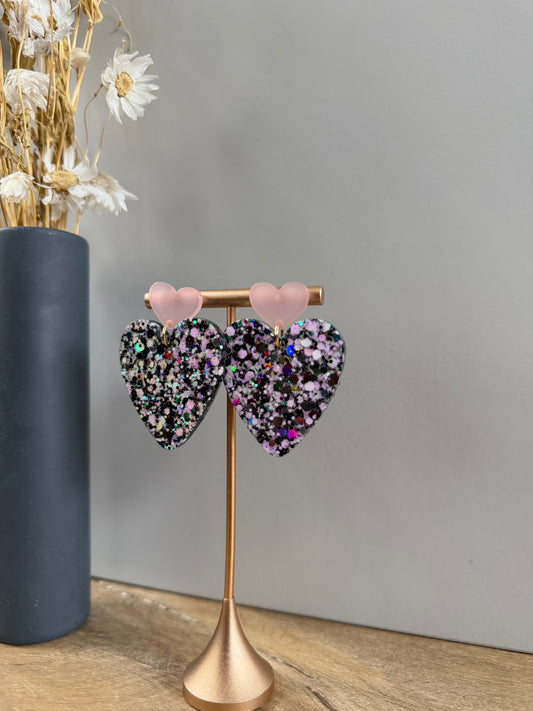 Boucles d'oreilles Cœur XL - Noir & rose