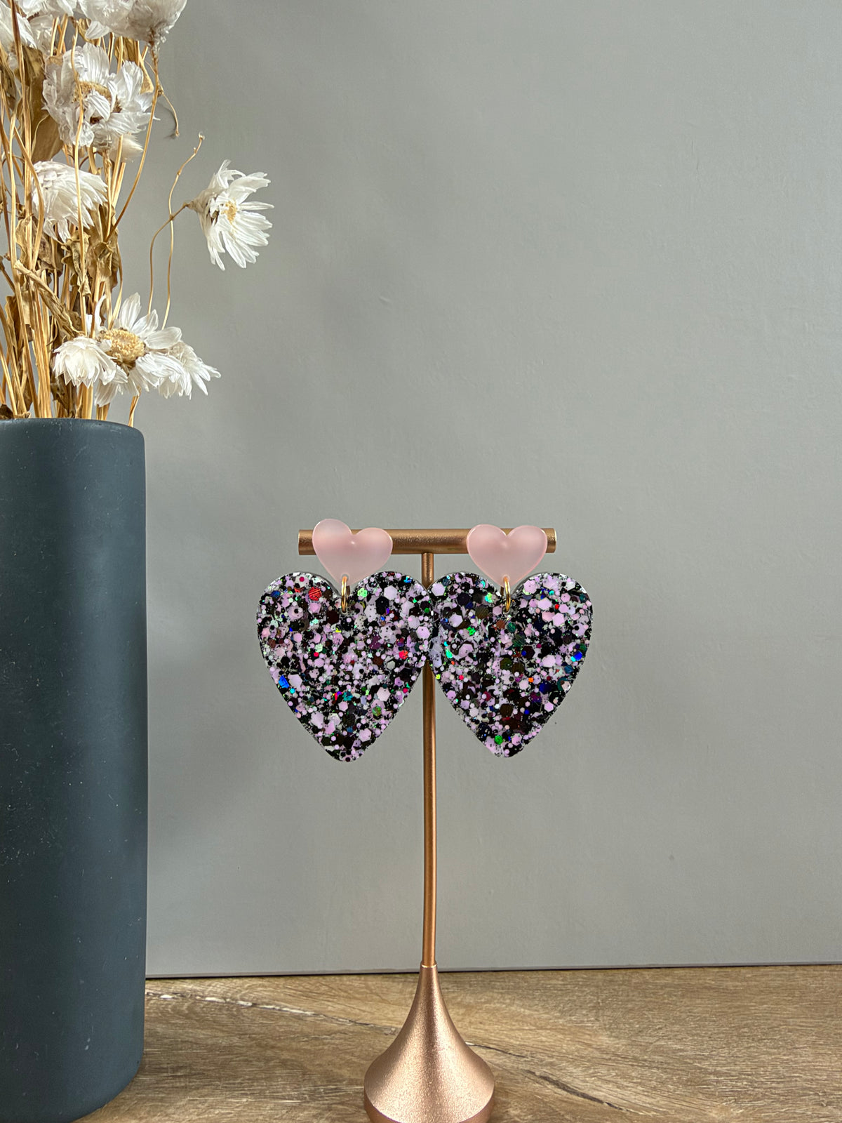 Boucles d'oreilles Cœur XL - Noir & rose