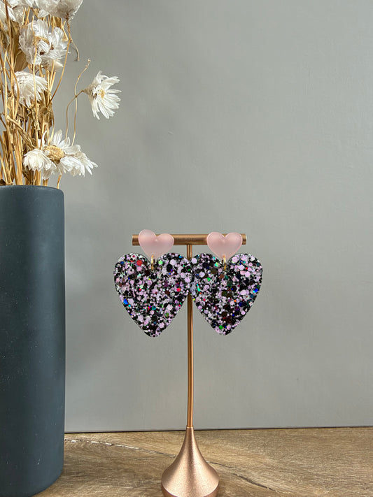 Boucles d'oreilles Cœur XL - Noir & rose