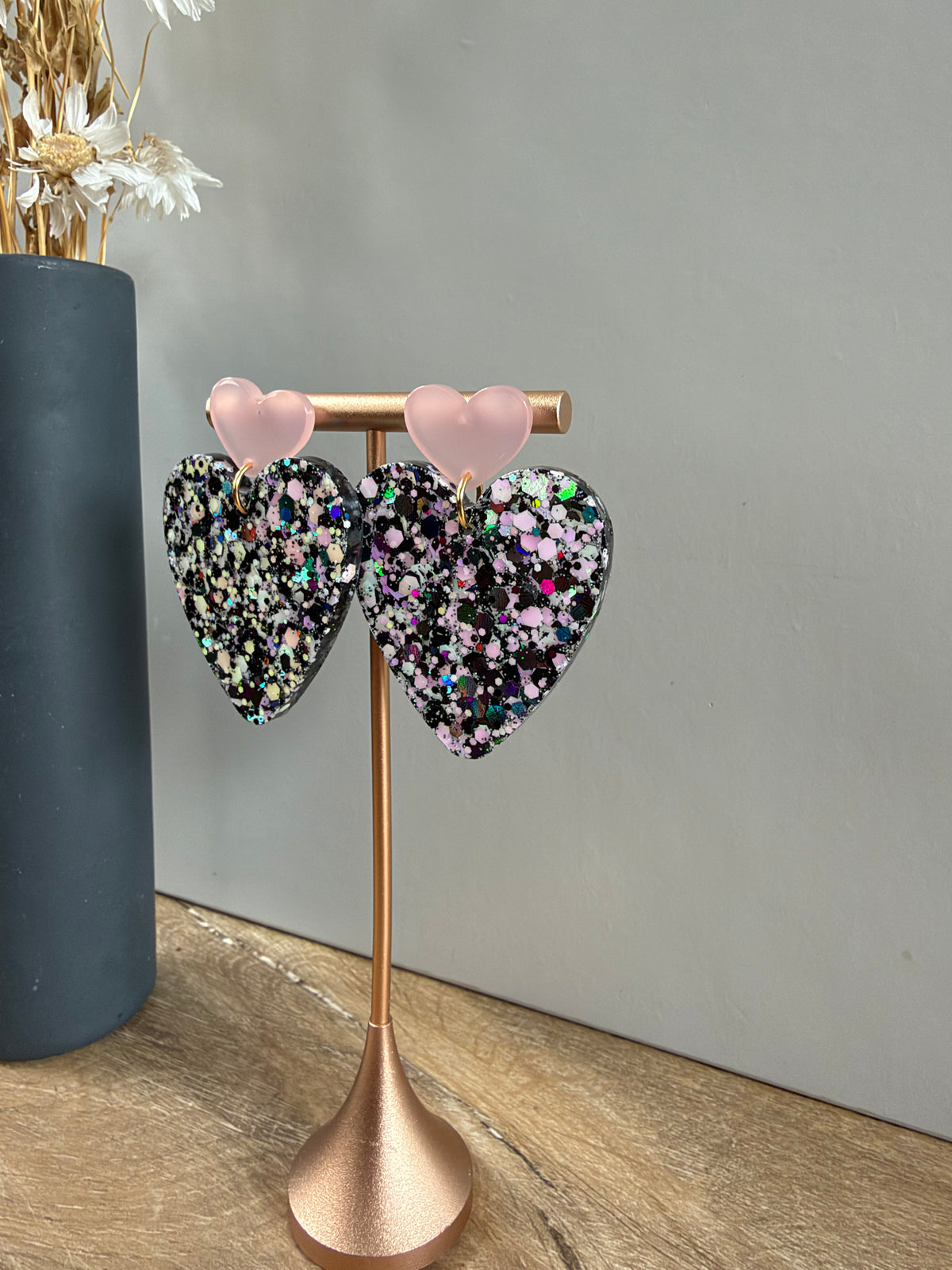 Boucles d'oreilles Cœur XL - Noir & rose