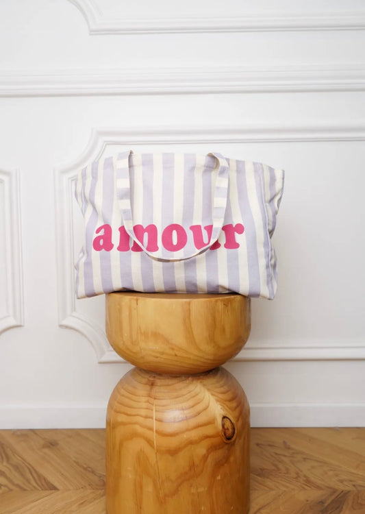 Grand cabas Amour en toile rayé Lilas & écru