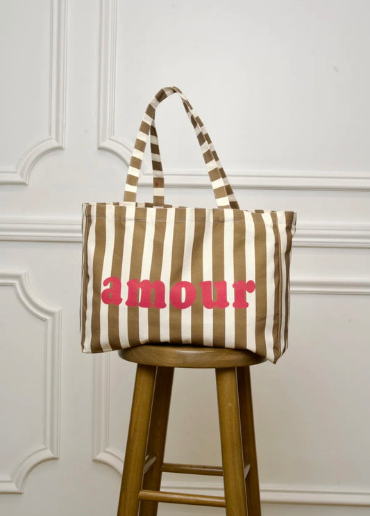 Grand cabas Amour en toile rayé Olive & écru