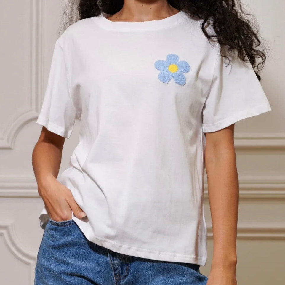 T-shirt fleur bouclette bleu