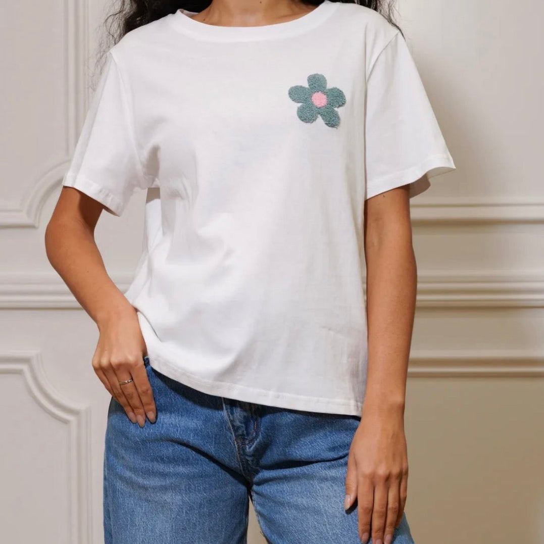 T-shirt fleur bouclette vert