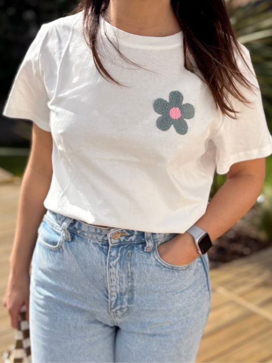 T-shirt fleur bouclette vert