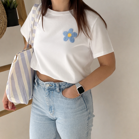 T-shirt fleur bouclette bleu